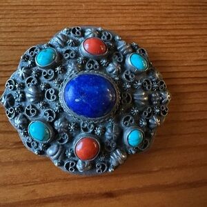 Vintage Ornate Silver Belt Buckle with Blue Lapis, Turquoise and Coral